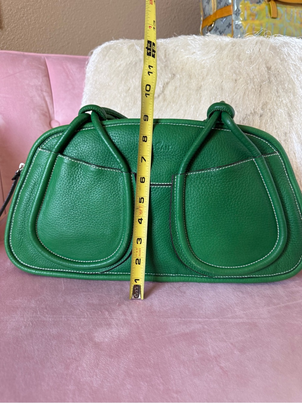 HOGAN Kelly Green Leather Dome Satchel Bag w Knots &Loop Details Silver Hardware - Picture 10 of 16